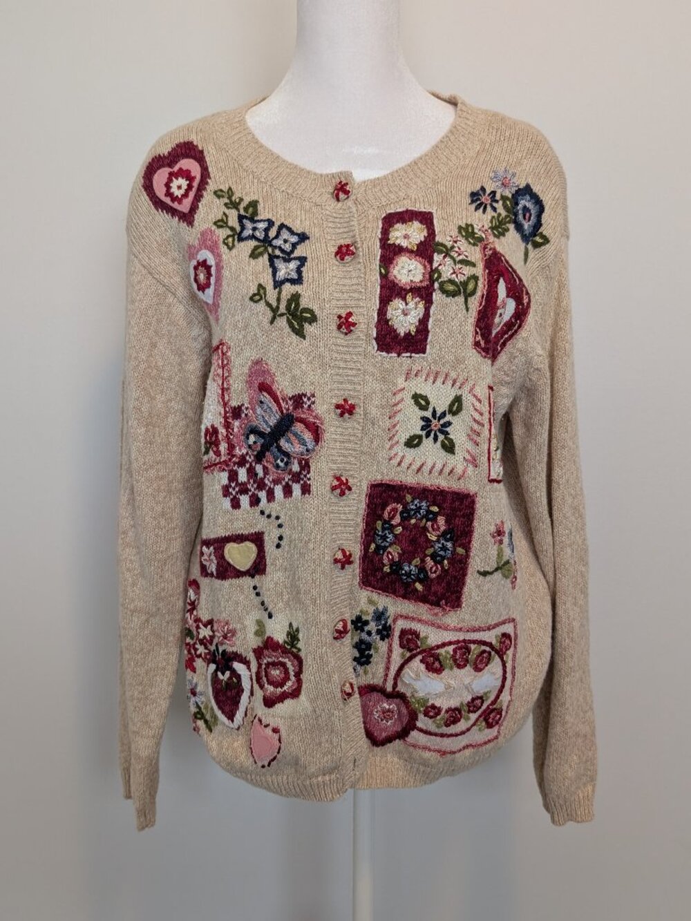 vintage 2000s heirloom collectibles funky floral heart cardigan (medium)